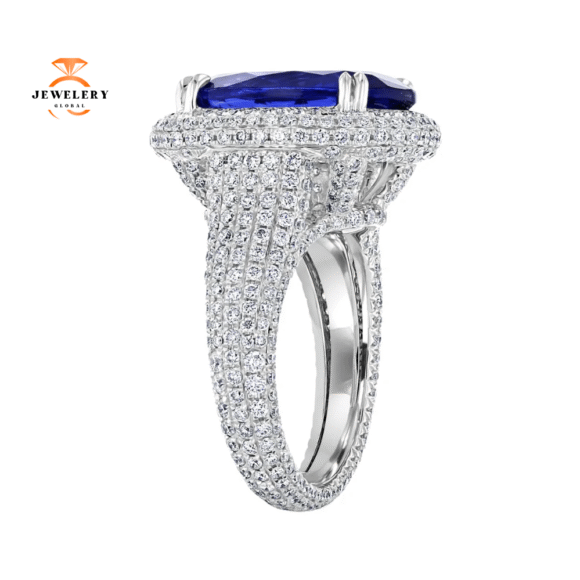 18KT 9.47 CT TANZANITE & 2.83 CTW DIAMOND PAVÉ HALO ETERNITY RING - Image 2