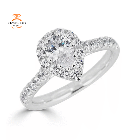 JULEVE 14KT GOLD 1.00 CTW DIAMOND PEAR HALO CATHEDRAL RING