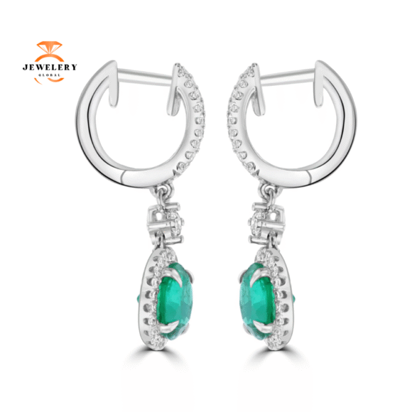 JULEVE 2.69 CTW EMERALD & 0.59 CTW DIAMOND HALO DROP EARRINGS - Image 3