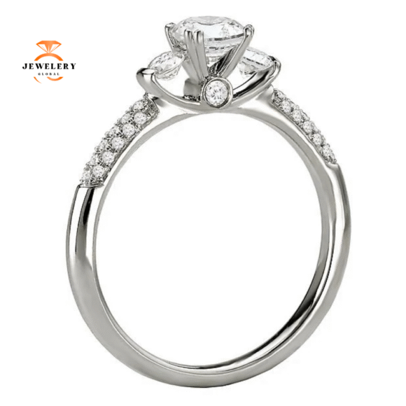14KT WHITE GOLD 3/4 CTW PAVE SET ROUND DIAMOND 3 STONE RING - Image 2