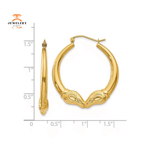 14KT YELLOW GOLD RAMS HEAD HOOP EARRINGS - Image 2