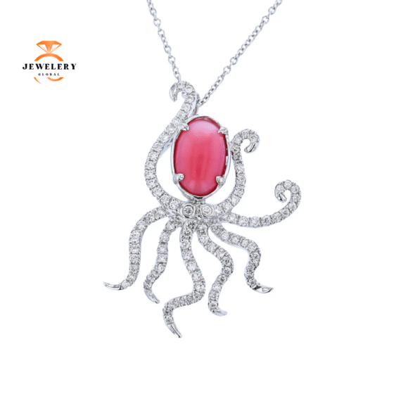 JULEVE 18KT WHITE GOLD 3.81CT CONCH PEARL & 0.74CTW DIAMOND OCTOPUS NECKLACE