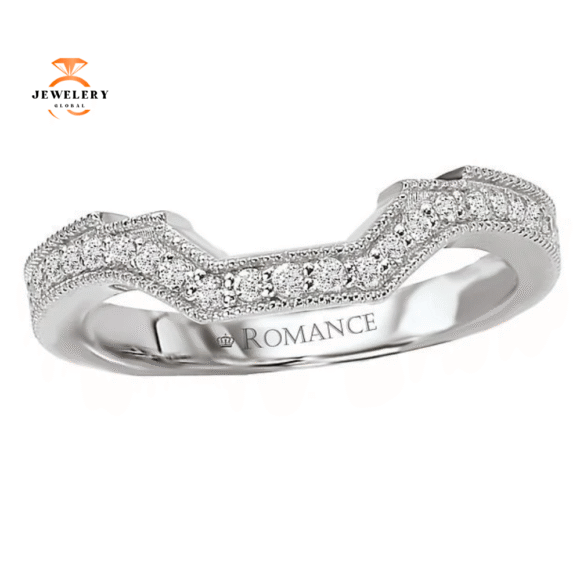14KT WHITE GOLD 1/4 CTW DIAMOND MILGRAIN CURVED NOTCHED BAND