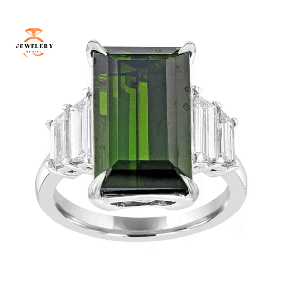 JULEVE 8.18 CTW TOURMALINE & 1.27 CTW DIAMOND STEP CUT RING