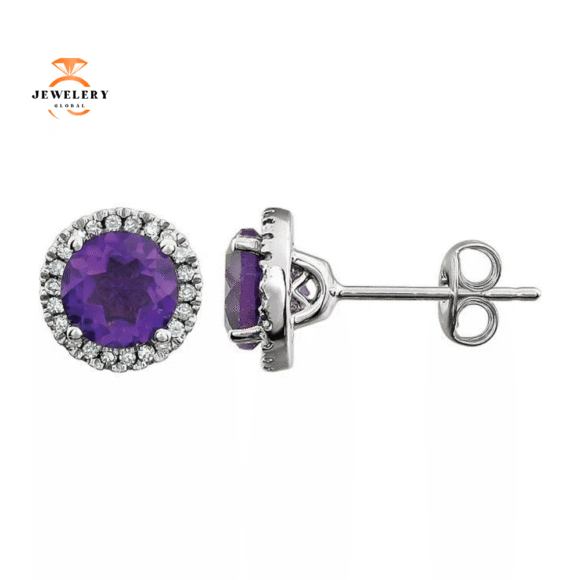 14KT WHITE GOLD 1.40 CTW AMETHYST & 0.13 CTW DIAMOND HALO EARRINGS