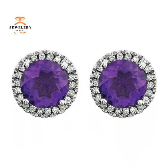 14KT WHITE GOLD 1.40 CTW AMETHYST & 0.13 CTW DIAMOND HALO EARRINGS - Image 2