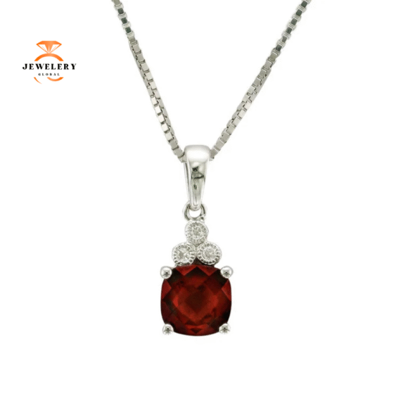 14KT WHITE GOLD GARNET & DIAMOND NECKLACE