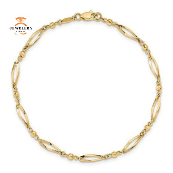 14KT Yellow Gold Bead and Fancy Link Anklet
