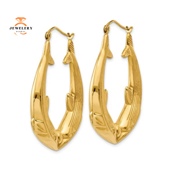 14KT YELLOW GOLD KISSING DOLPHIN HOOP EARRINGS. - Image 2