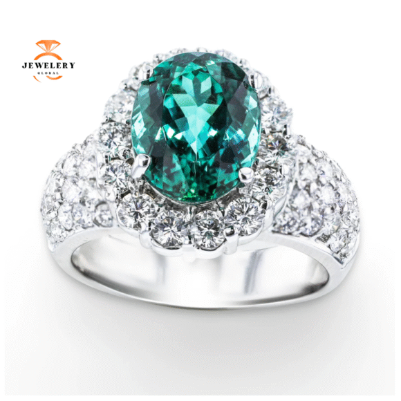 JULEVE 18KT WHITE GOLD 3.90CT BLUE-GREEN TOURMALINE & 1.84CTW DIAMOND RING