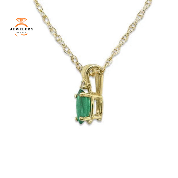 14KT YELLOW GOLD EMERALD & DIAMOND PENDANT NECKLACE - Image 2
