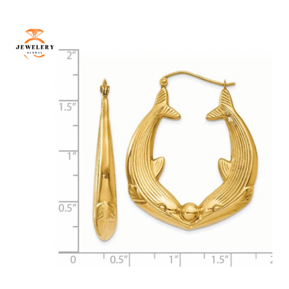 14KT YELLOW GOLD KISSING DOLPHIN HOOP EARRINGS. - Image 3