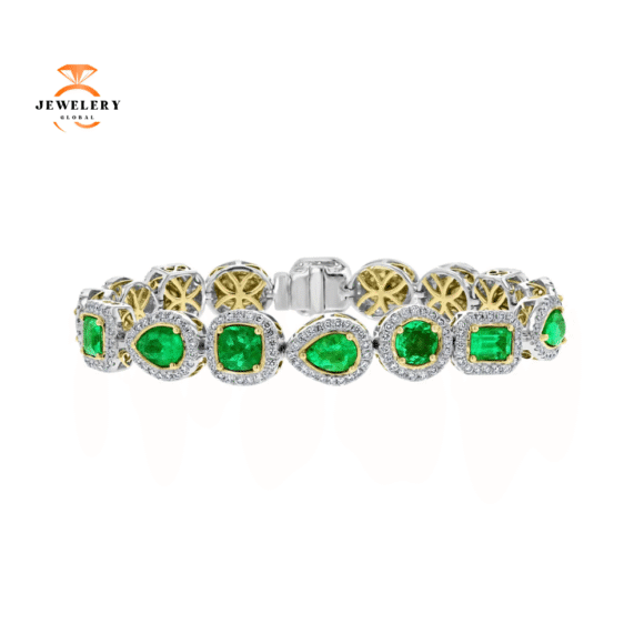 18KT TWO-TONE GOLD 9.73 CTW EMERALD & 2.43 CTW DIAMOND HALO BRACELET