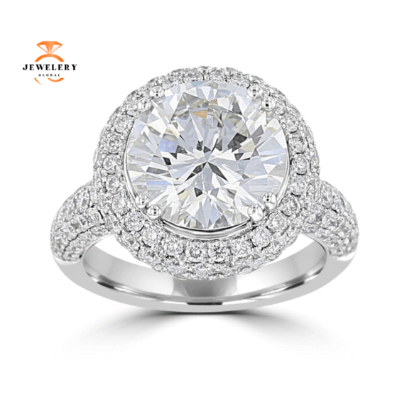 18KT White Gold 7.49 CTW Diamond Pave Round Halo Ring