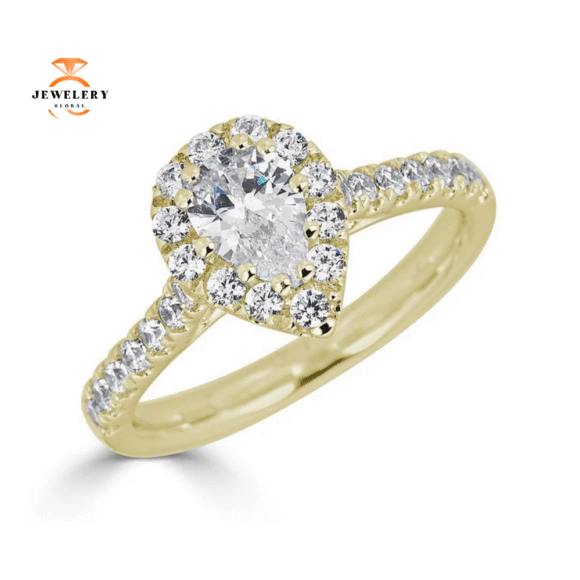 JULEVE 14KT GOLD 1.00 CTW DIAMOND PEAR HALO CATHEDRAL RING - Image 5