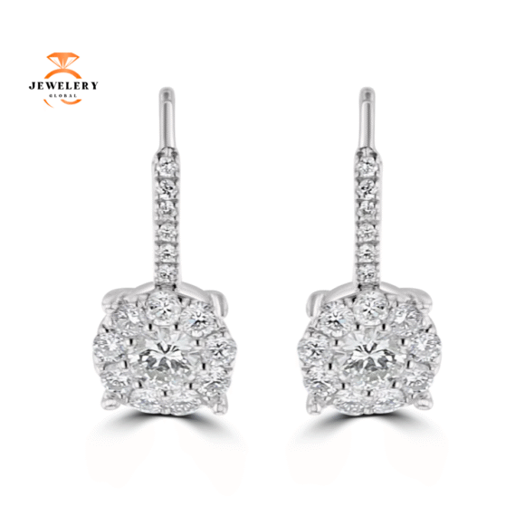 18KT WHITE GOLD 1.00 CTW DIAMOND CLUSTER DROP LEVERBACK EARRINGS