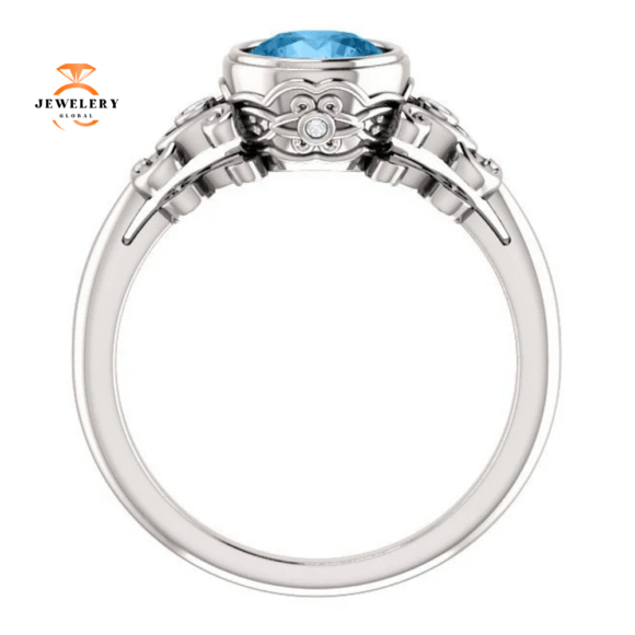 14KT WHITE GOLD 1.30 CT BLUE TOPAZ & 1/10 CTW DIAMOND BEZEL-SET RING - Image 2