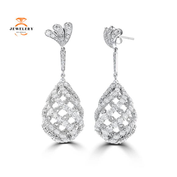 18KT White Gold 12.56 CTW Pave Diamond 3D Pear Shape Drop Earrings