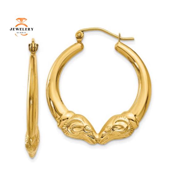 14KT YELLOW GOLD RAMS HEAD HOOP EARRINGS
