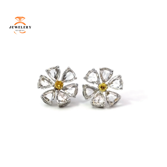 18KT FANCY YELLOW & PEAR SHAPE ROSE CUT DIAMOND DAISY FLOWER EARRINGS