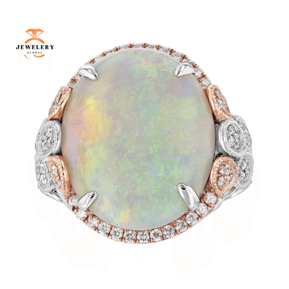 JULEVE 8.32 CT OPAL & .51 CTW DIAMOND PETAL HALO RING