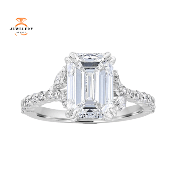 14KT White Gold 3.53 CTW Emerald Diamond Y-Shank Ring