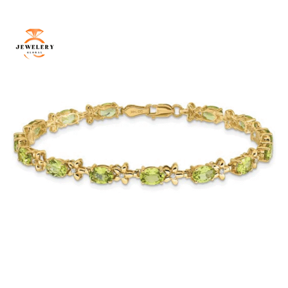 14KT YELLOW GOLD 7 CARAT PERIDOT & 0.11 CTW DIAMOND FLORAL BRACELET