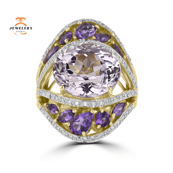14KT YELLOW GOLD KUNZITE, DIAMOND, AND AMETHYST FASHION RING