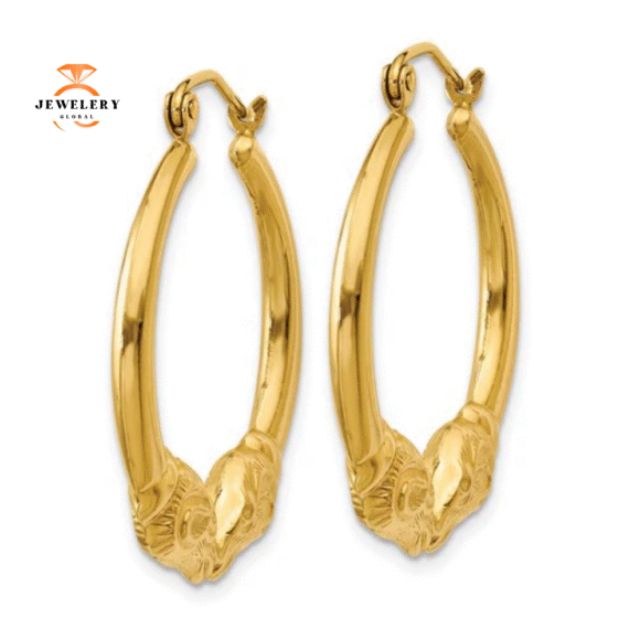 14KT YELLOW GOLD RAMS HEAD HOOP EARRINGS - Image 3