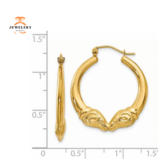 14KT YELLOW GOLD RAMS HEAD HOOP EARRINGS - Image 2
