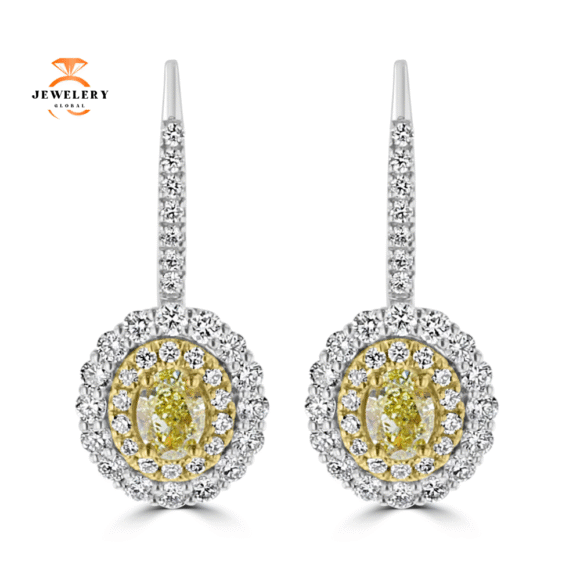 18KT GOLD 1.01 CTW YELLOW & 1.13 CTW WHITE DIAMOND OVAL HALO EARRINGS