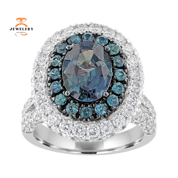JULEVE 2.95 CTW ALEXANDRITE & 3.07 CTW DIAMOND DOUBLE HALO RING