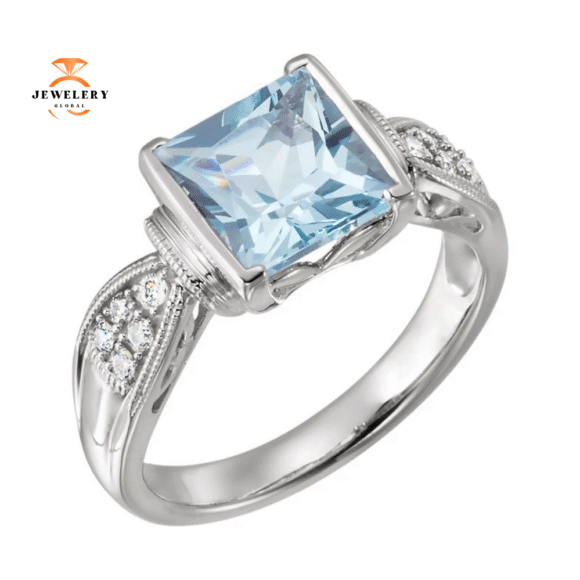 14KT WHITE GOLD 2.00 CT AQUAMARINE & 0.13 CTW DIAMOND MILGRAIN RING