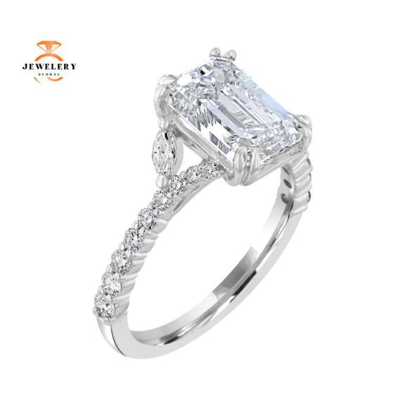 14KT White Gold 3.53 CTW Emerald Diamond Y-Shank Ring - Image 3