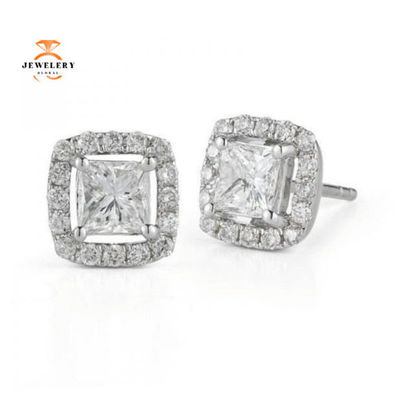 14KT White Gold 3/4 CTW Princess Cut Diamond Halo Earrings