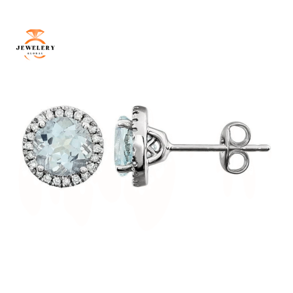 14KT WHITE GOLD 1.50 CTW AQUAMARINE & .13 CTW DIAMOND HALO EARRINGS