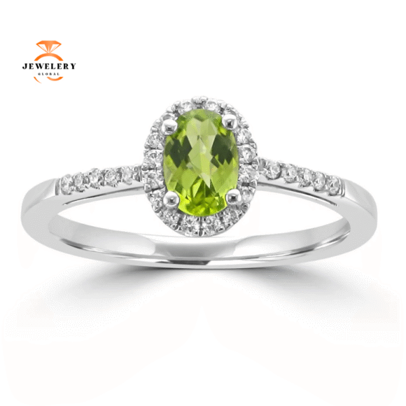 14KT WHITE GOLD PERIDOT & DIAMOND HALO RING