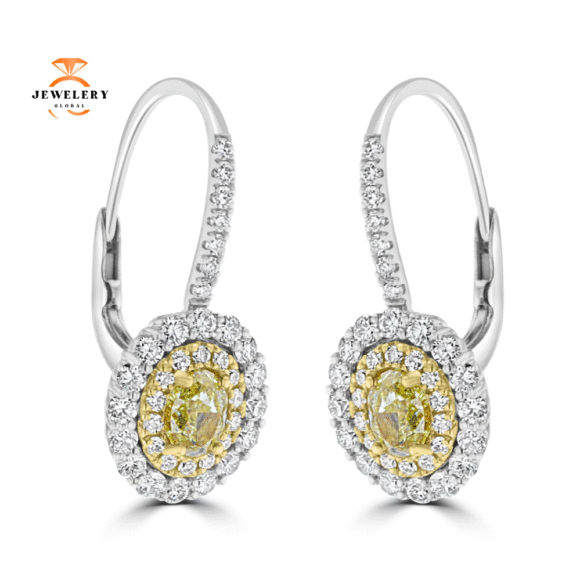 18KT GOLD 1.01 CTW YELLOW & 1.13 CTW WHITE DIAMOND OVAL HALO EARRINGS - Image 2