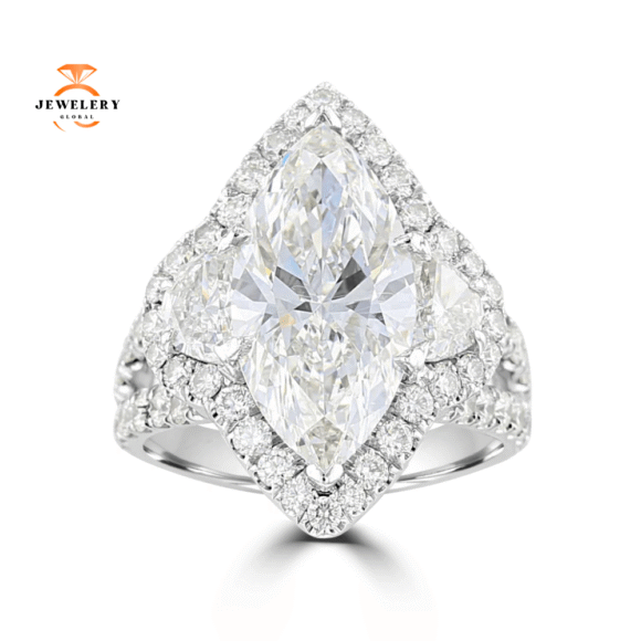 18KT White Gold 7.63 CTW Diamond Marquise Halo 3 Stone Ring