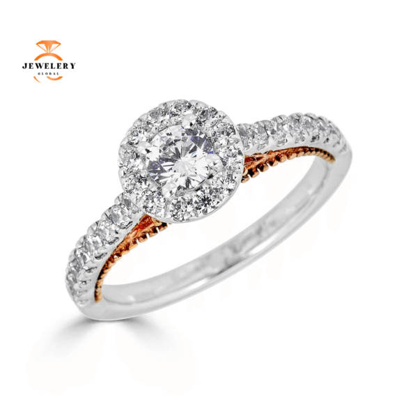 JULEVE 14KT GOLD .75 CTW DIAMOND ROUND HALO CATHEDRAL RING