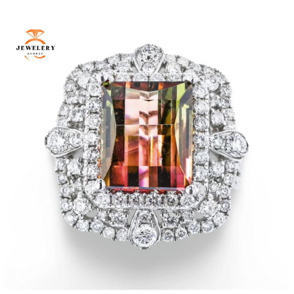 JULEVE 18KT WHITE GOLD 7.00CT TOURMALINE & 2.25CTW DIAMOND HALO RING