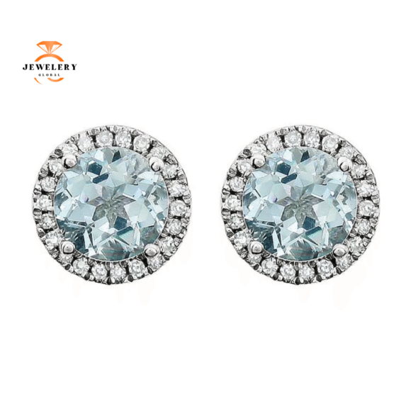 14KT WHITE GOLD 1.50 CTW AQUAMARINE & .13 CTW DIAMOND HALO EARRINGS - Image 2