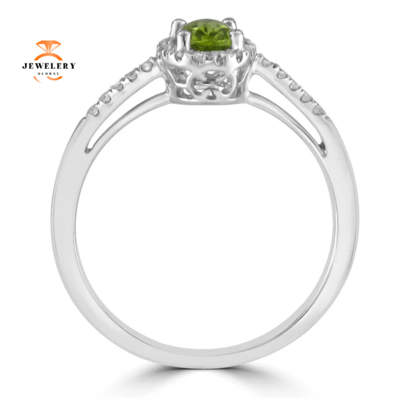 14KT WHITE GOLD PERIDOT & DIAMOND HALO RING - Image 2