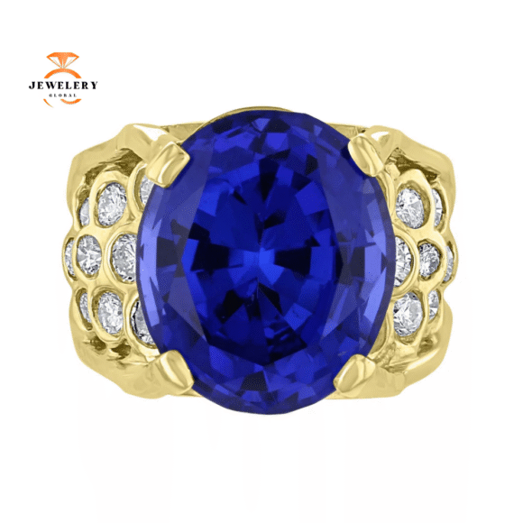 14KT YELLOW GOLD 12.50 CT TANZANITE & 1.60 CTW DIAMOND HONEYCOMB RING