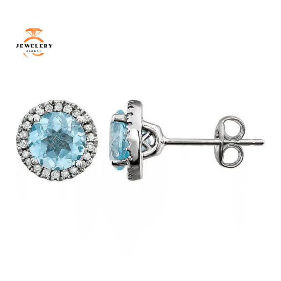 14KT WHITE GOLD 2.00 CTW BLUE TOPAZ & 0.13 CTW DIAMOND HALO EARRINGS