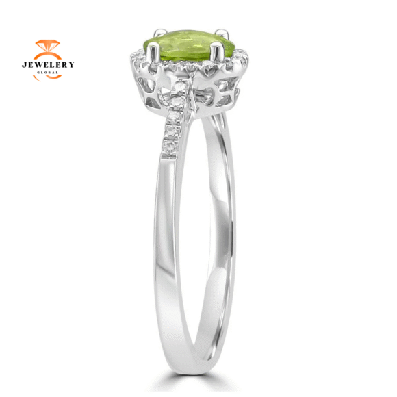 14KT WHITE GOLD PERIDOT & DIAMOND HALO RING - Image 3