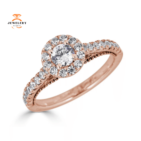 JULEVE 14KT GOLD .75 CTW DIAMOND ROUND HALO CATHEDRAL RING - Image 3