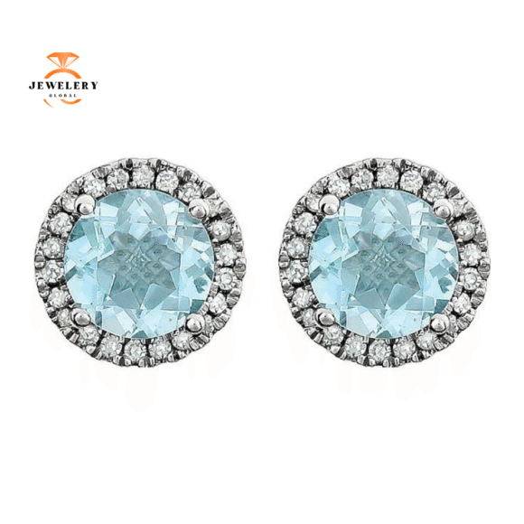 14KT WHITE GOLD 2.00 CTW BLUE TOPAZ & 0.13 CTW DIAMOND HALO EARRINGS - Image 2
