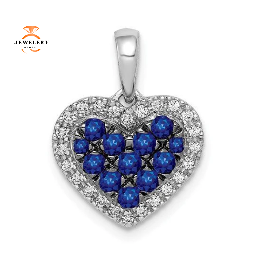 14KT WHITE GOLD DIAMOND AND 0.30 CTW SAPPHIRE HEART PENDANT