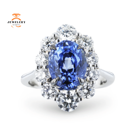 JULEVE 18KT WHITE GOLD 4.06CT SAPPHIRE & 1.60CTW DIAMOND HALO RING